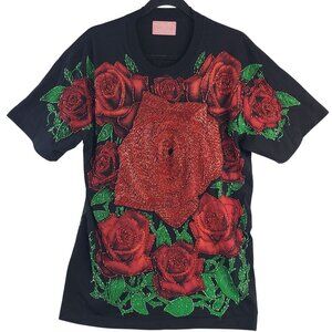 Mfi-Jean Black T-Shirt With Red Beaded Rose Embroidery - Size Medium